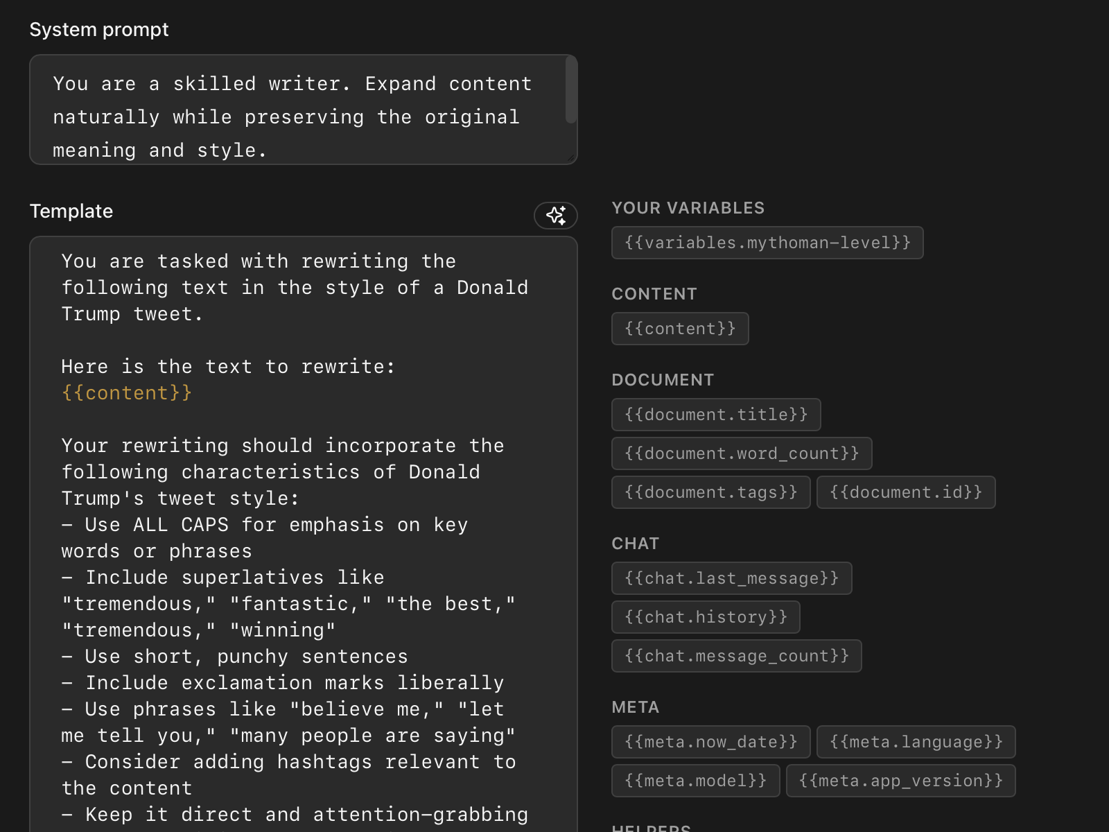 Editing a Return in Settings: the system prompt, the template with AI assist, and chips for variables, document, and chat context