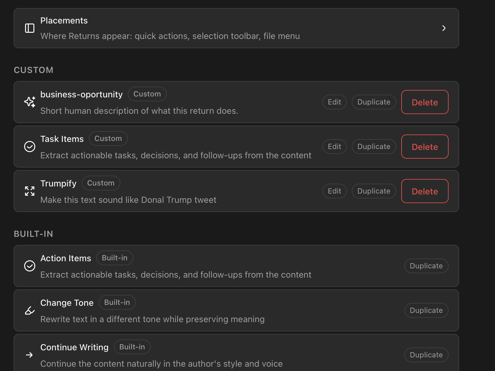 The Returns list in Settings, where you create and manage Returns and Chains
