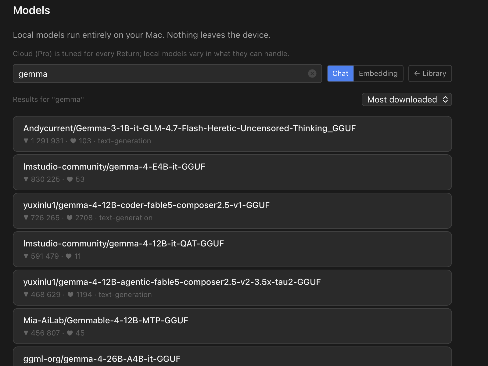 The Browse view: searching Hugging Face's GGUF catalogue directly from Return
