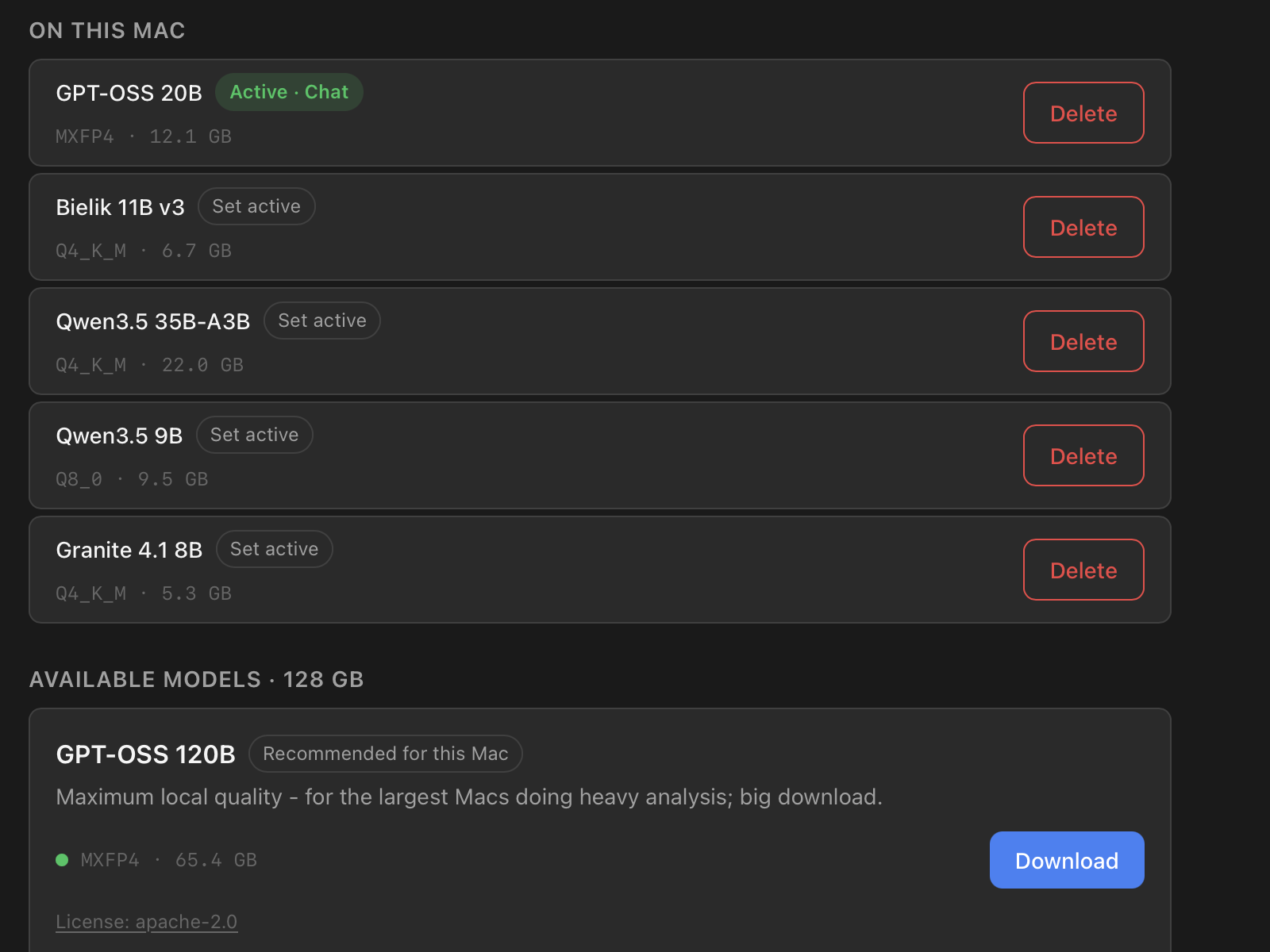 Settings → Models: the curated list with memory dots, the Recommended label, and per-model Download buttons