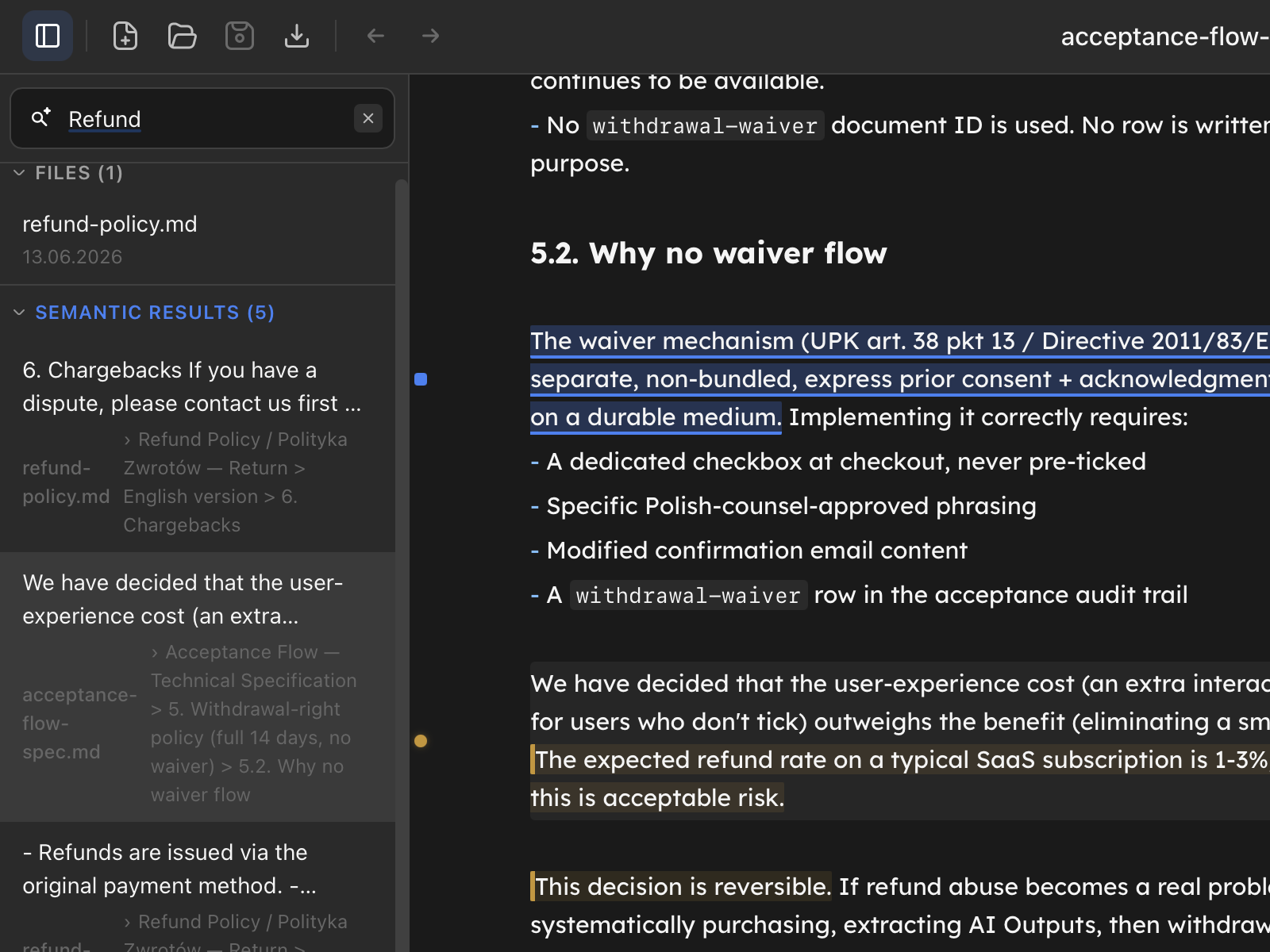 Semantic mode: results matched by meaning, each with its fragment, source document, and section path
