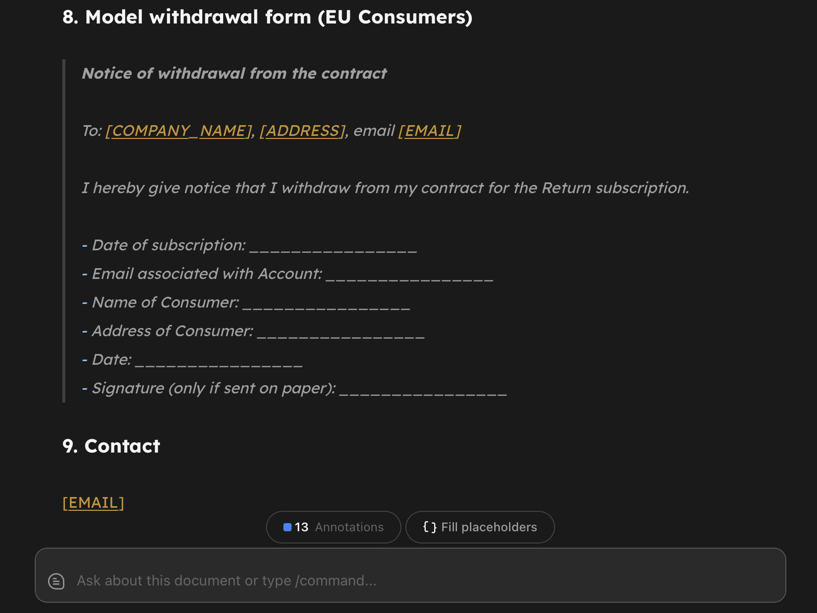 A template with highlighted placeholders and the Fill placeholders pill in the editor