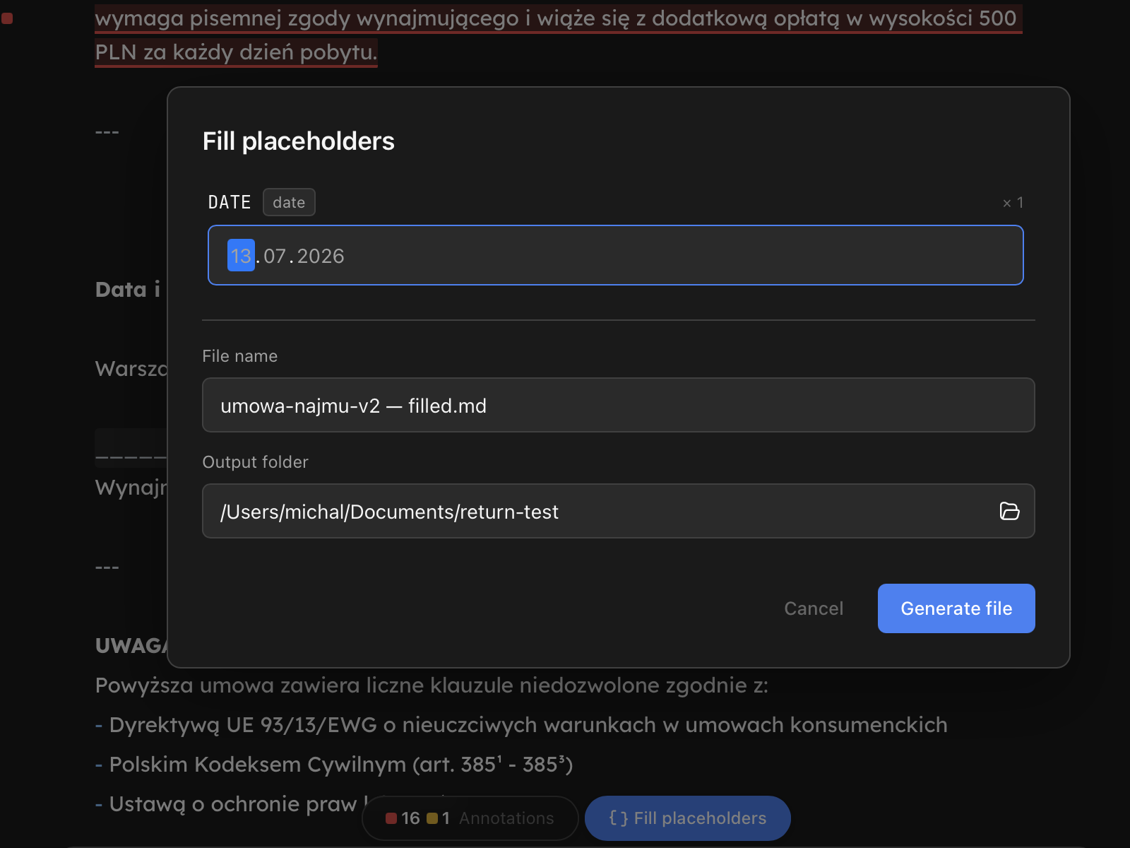 The fill modal: one field per unique placeholder, a live file-name preview, and the output folder picker