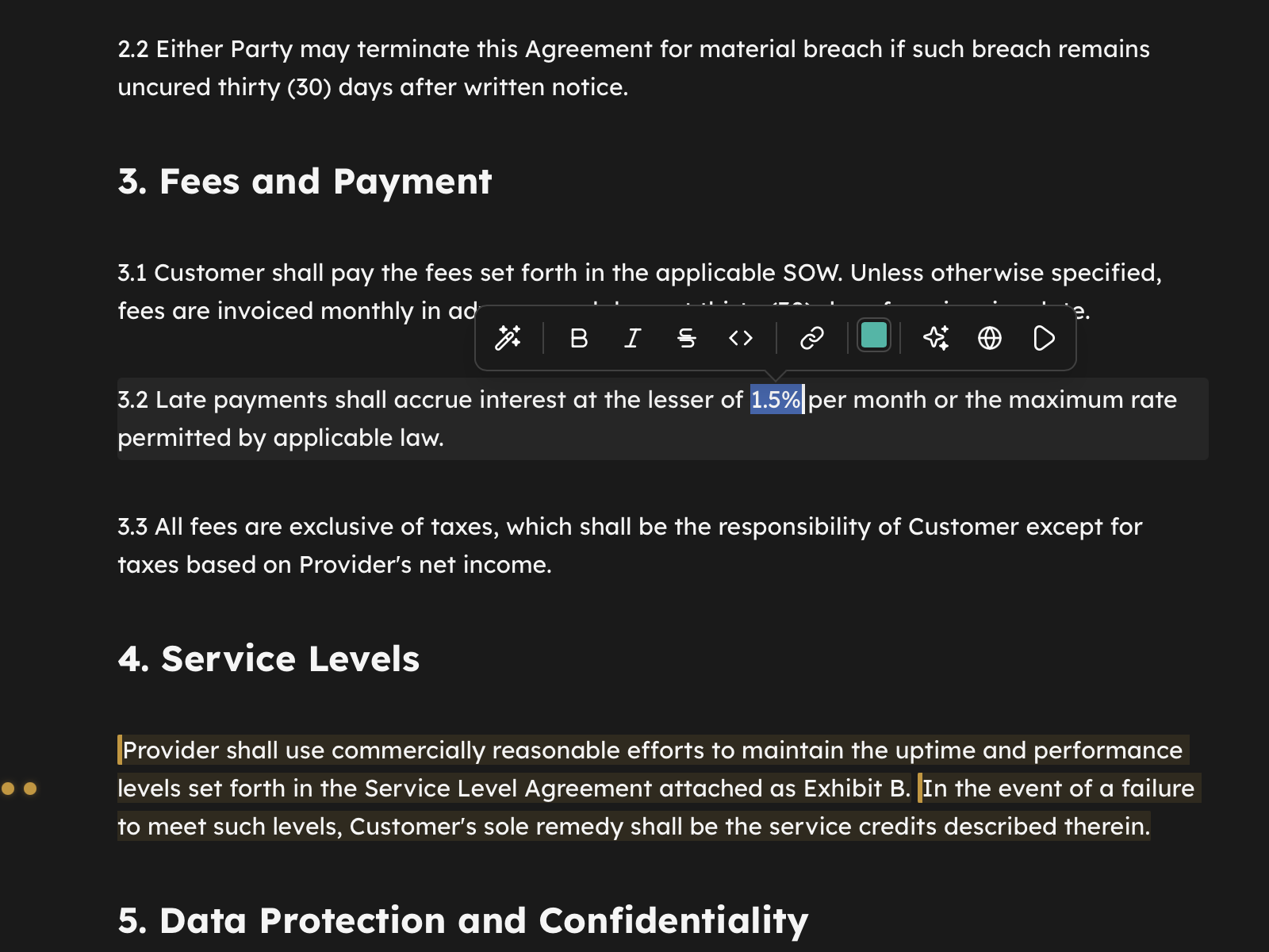 The floating toolbar above a selection: formatting buttons, annotation colors, the AI wand, and selection Returns