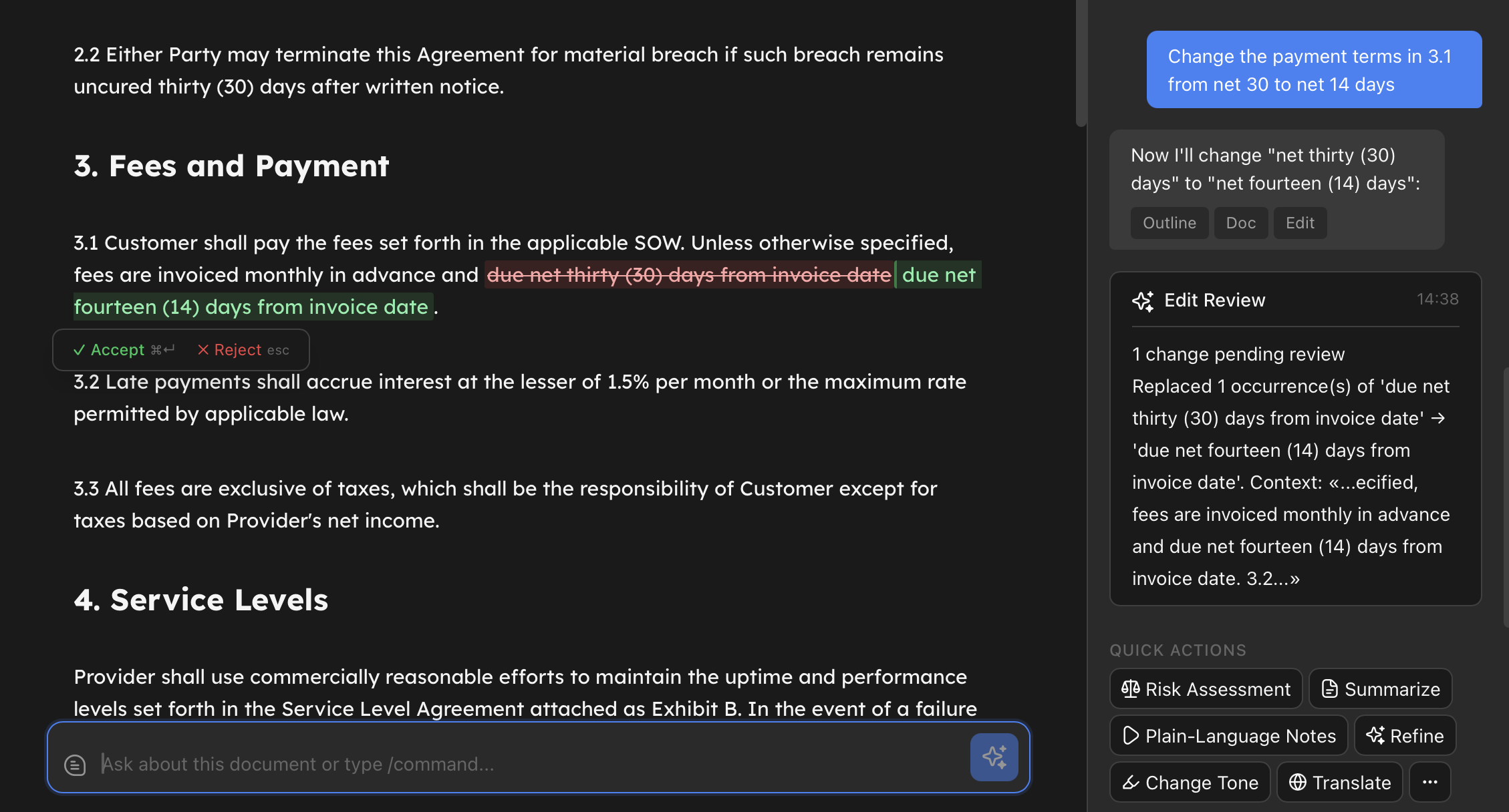 A chat request to change payment terms, the AI's reply, and the staged edit highlighted in the document